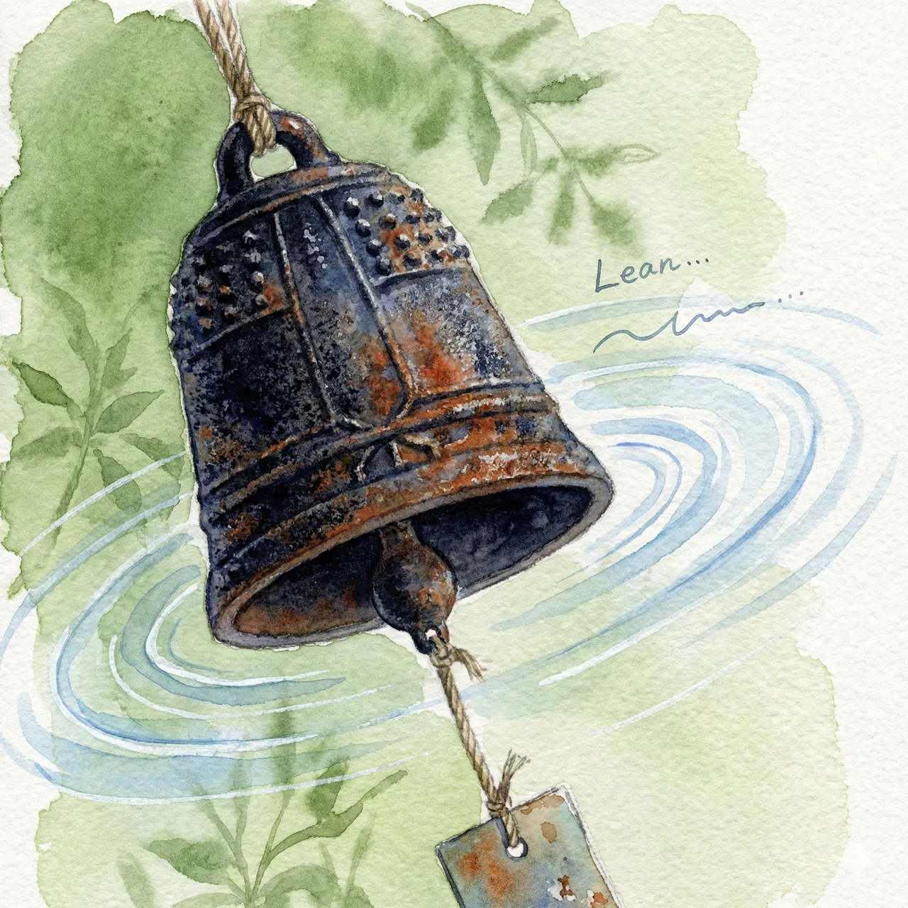 Illustration of a dark cast iron Nambu furin with visual ripples representing its long, resonant sound