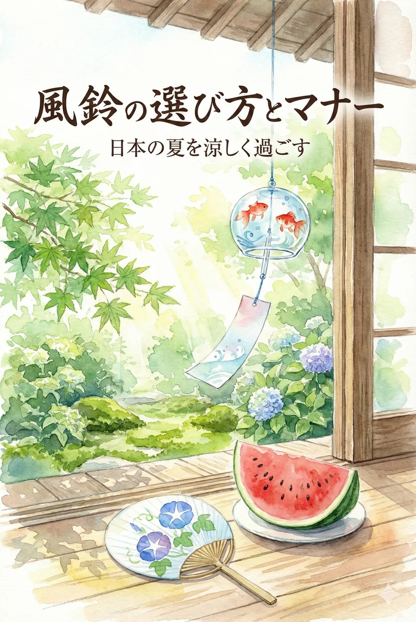 A Japanese wind chime hanging by a window with a summer sky visible in the background