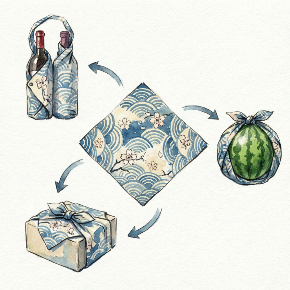 Illustration showing one furoshiki cloth wrapped around a wine bottle, a round watermelon, and a square box — adapting to each shape
