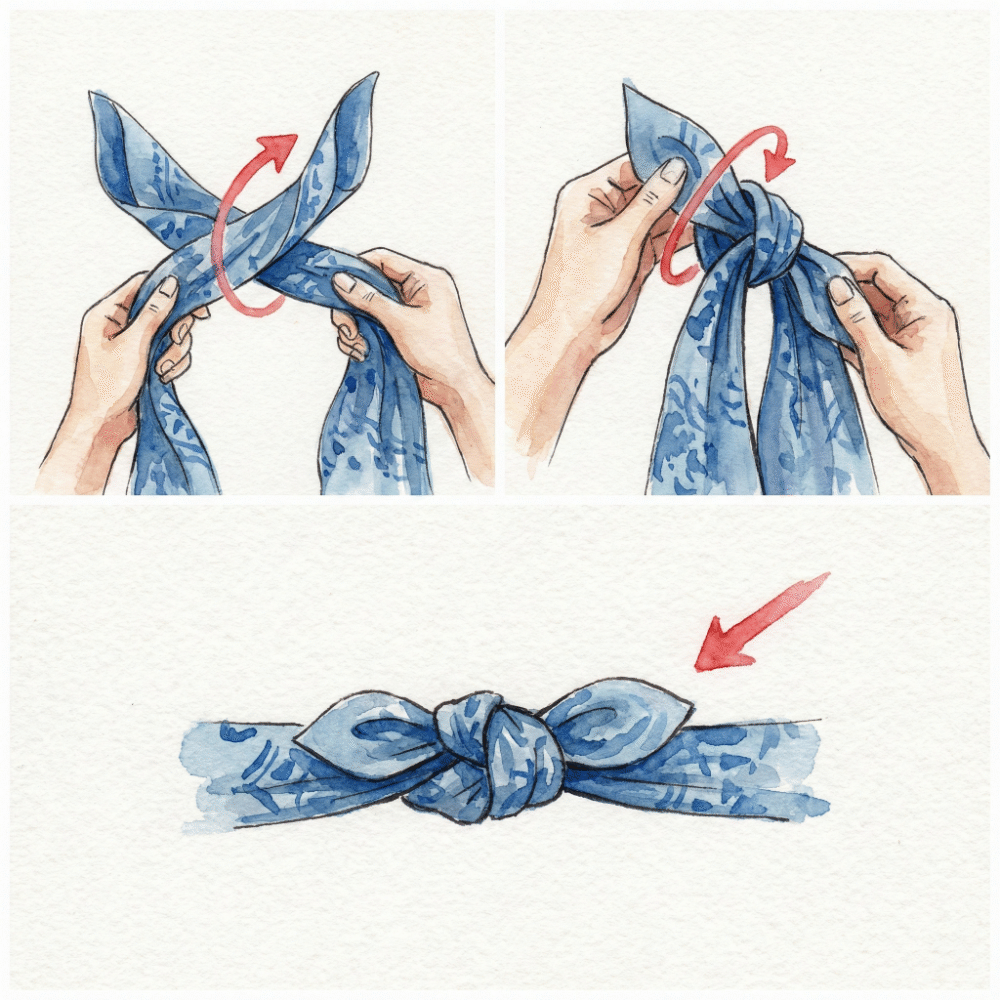 Step-by-step diagram of the musubi square knot: cross left over right, then cross again, resulting in a flat horizontal knot