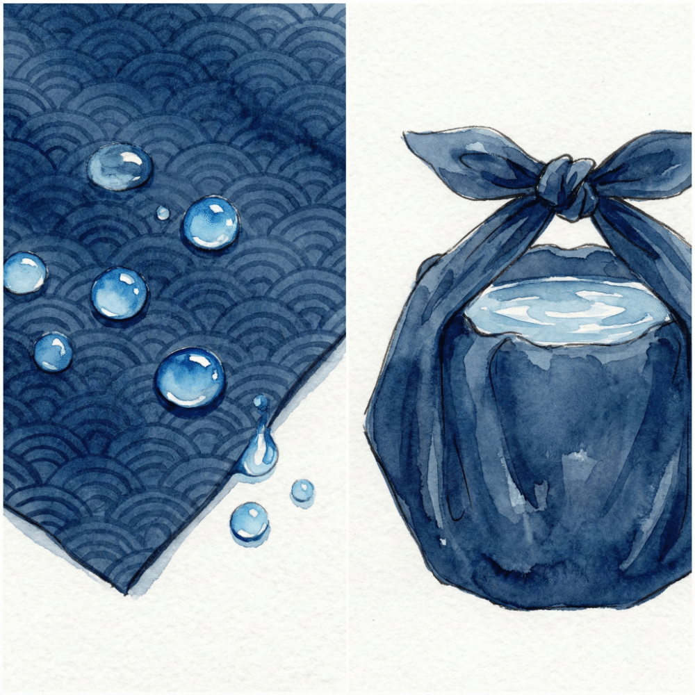 Illustration of water beading perfectly on a water-repellent furoshiki surface, and a knotted furoshiki bag holding water without leaking