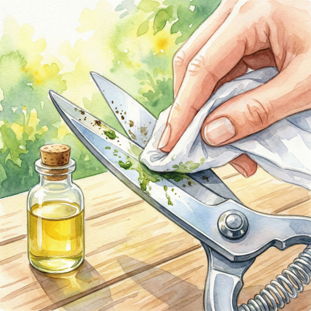 Illustration of removing plant sap from scissor blades using a cleaning cloth and a small eraser