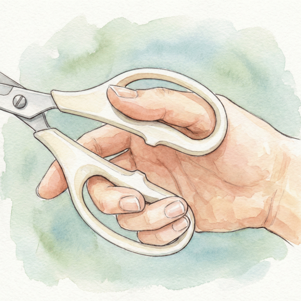 Illustration of a hand holding the Hand Creation scissors with the index finger resting in the ergonomic indent