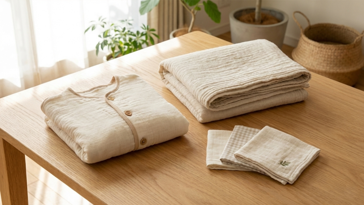 A gauze sleeper, blanket, and washcloth arranged together