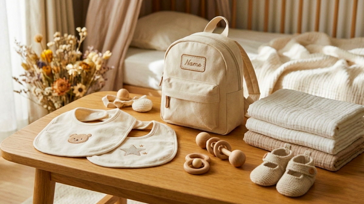 Popular birth gift items including bibs and a baby backpack