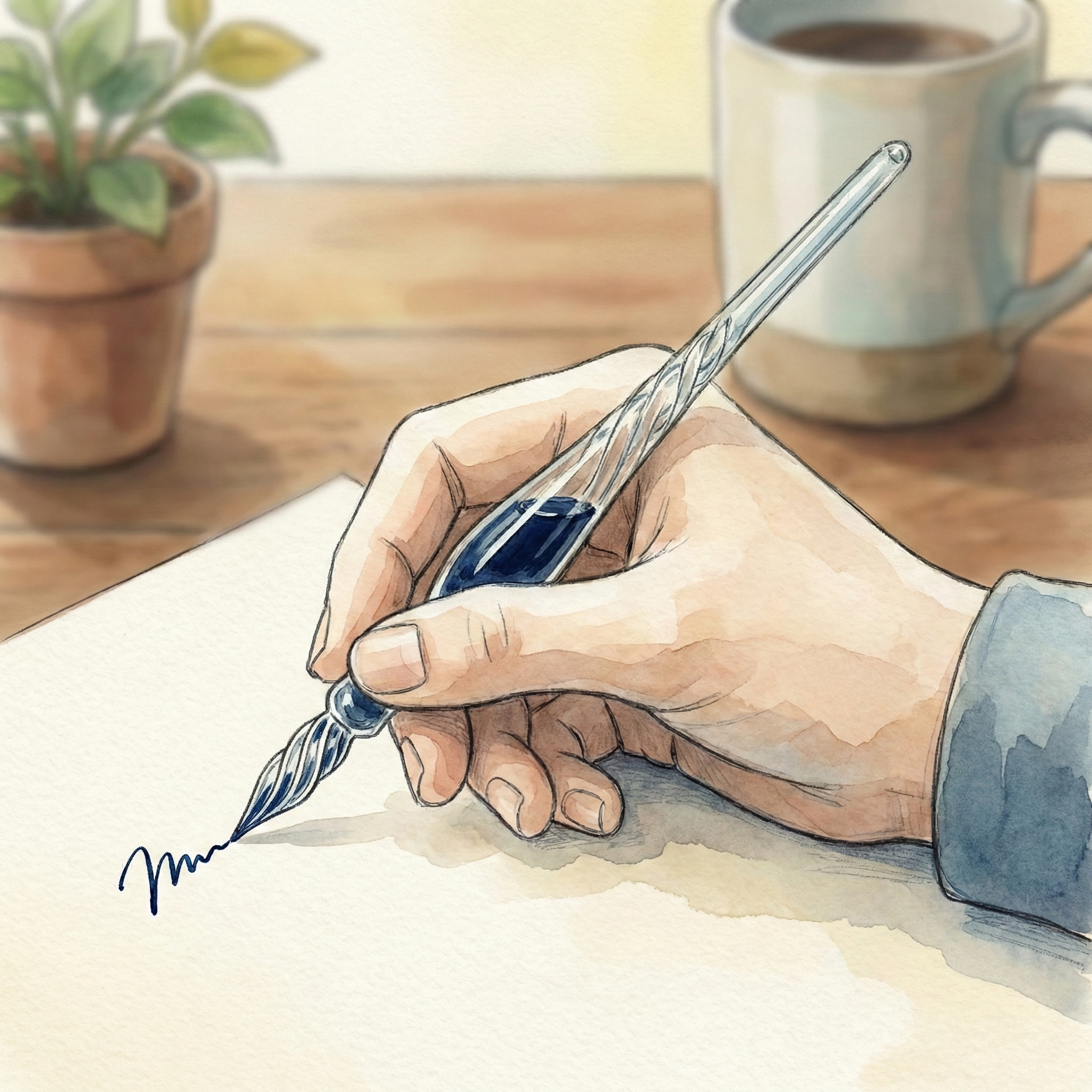 Side-view illustration showing the correct 45–60 degree writing angle for a glass pen