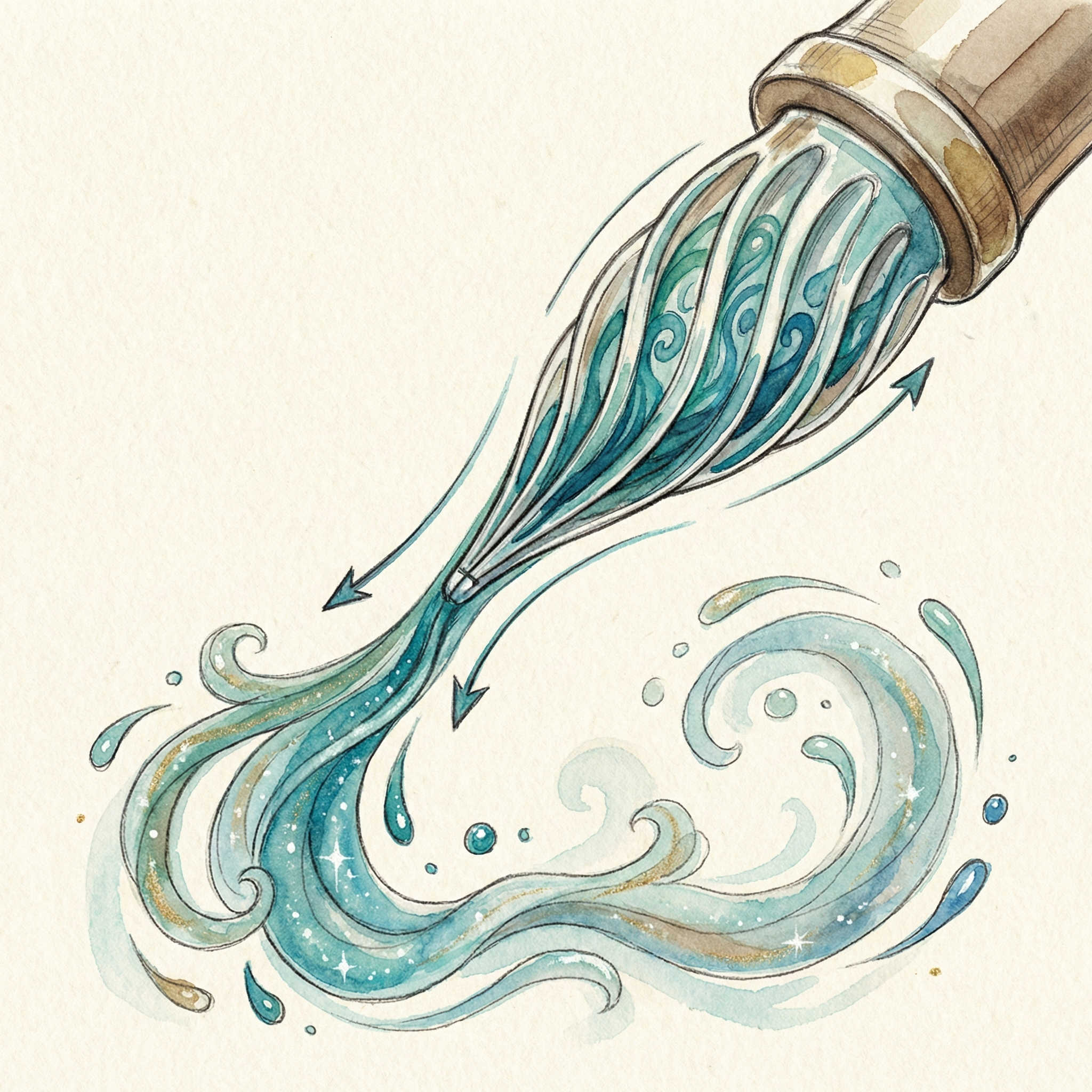 Diagram showing how ink is drawn up into the radial grooves of a glass pen nib by capillary action and flows onto the page