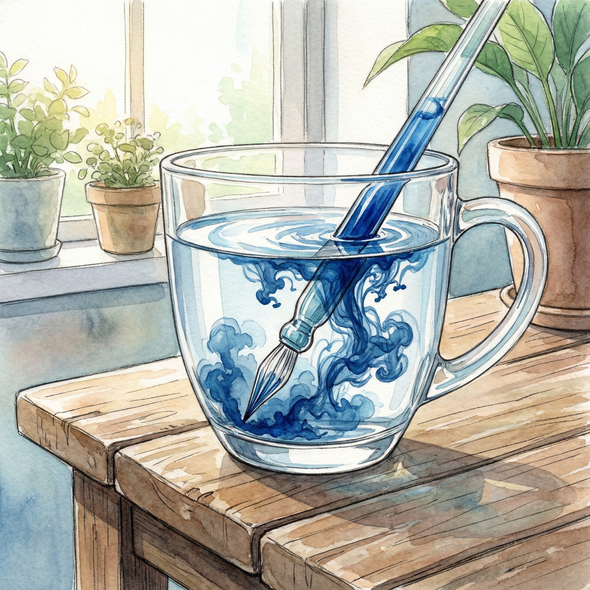 Illustration showing a glass pen nib being rinsed in a cup of water before switching to a new ink color