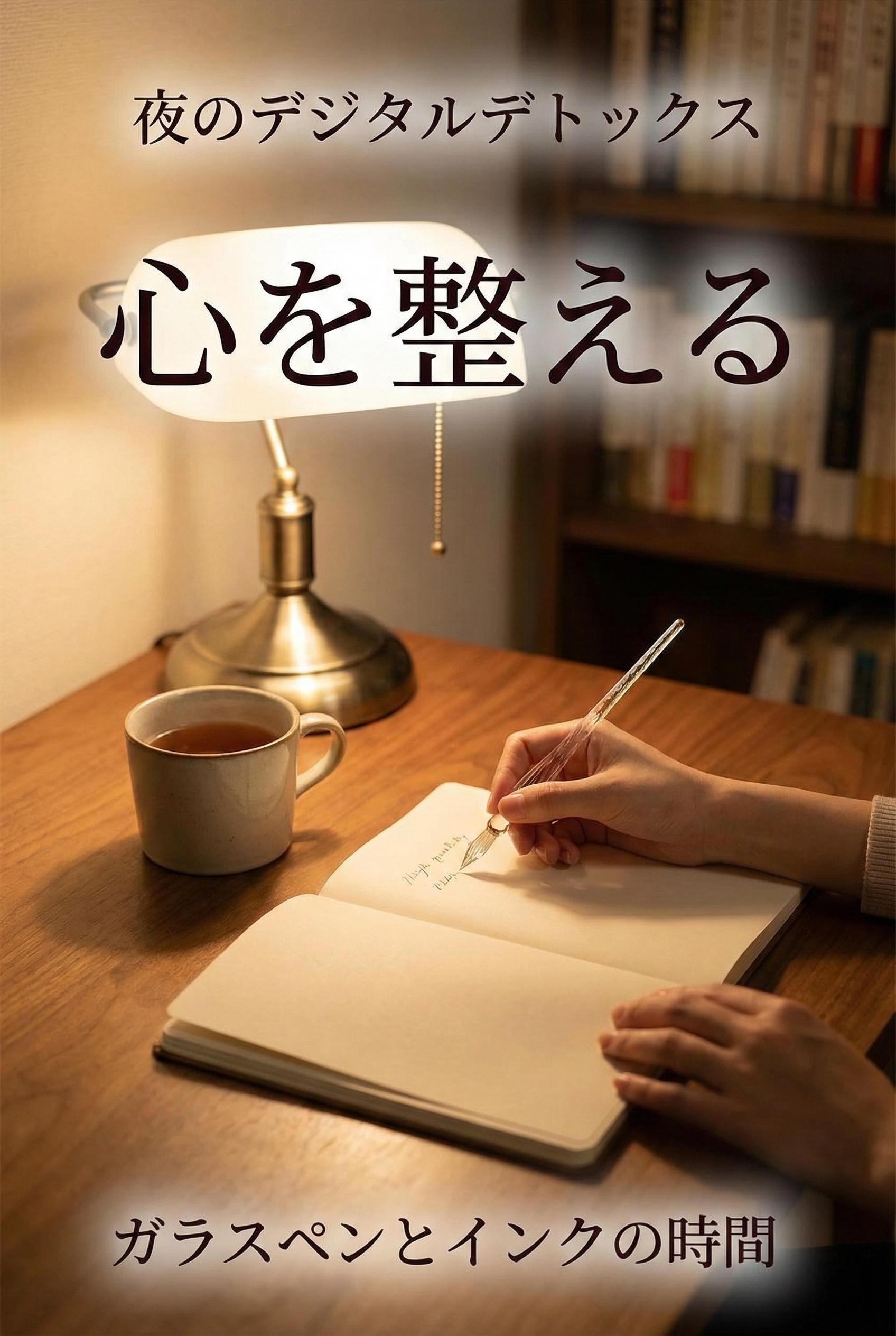 Hands writing in a journal with a glass pen by lamplight in the evening