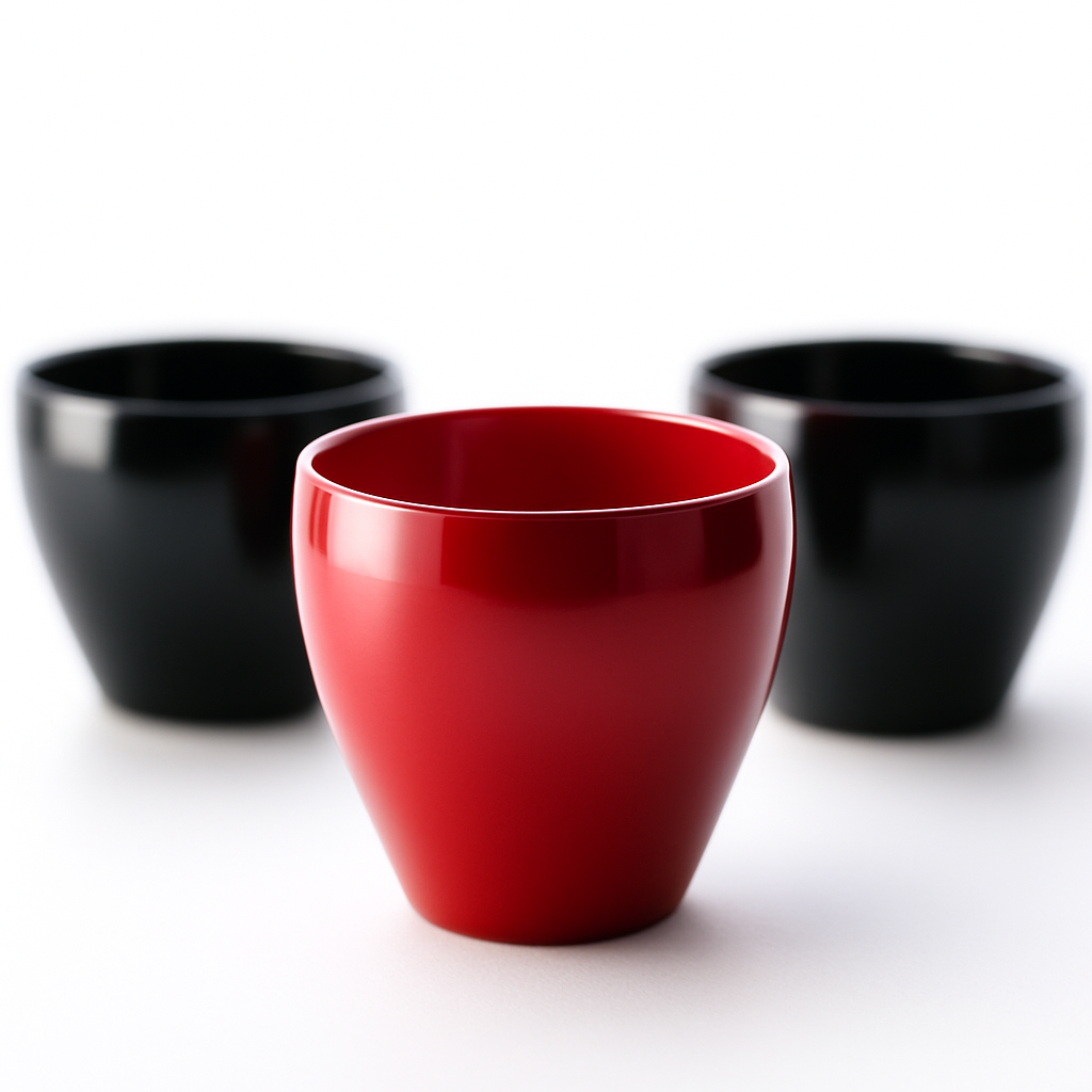 Deep red lacquered sake cup with a silky finish