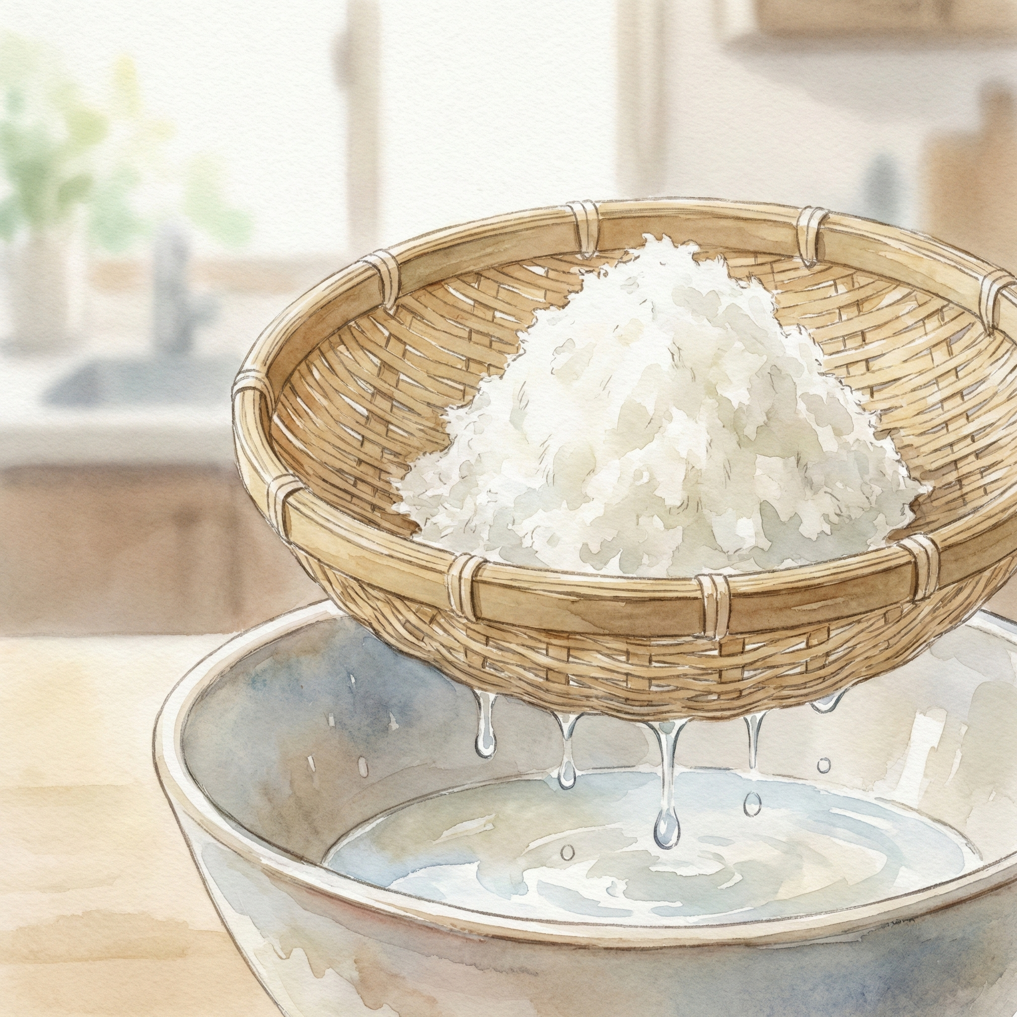 Illustration of freshly grated daikon oroshi draining naturally on a bamboo zaru