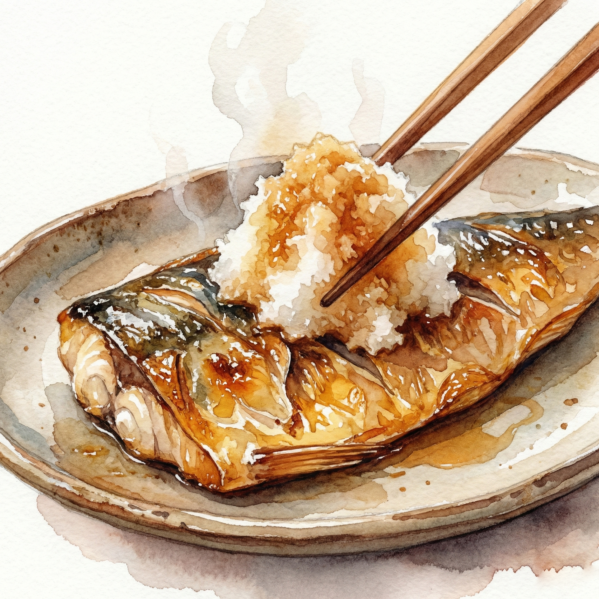 Illustration of picking up soy-seasoned daikon oroshi with chopsticks to place on grilled fish