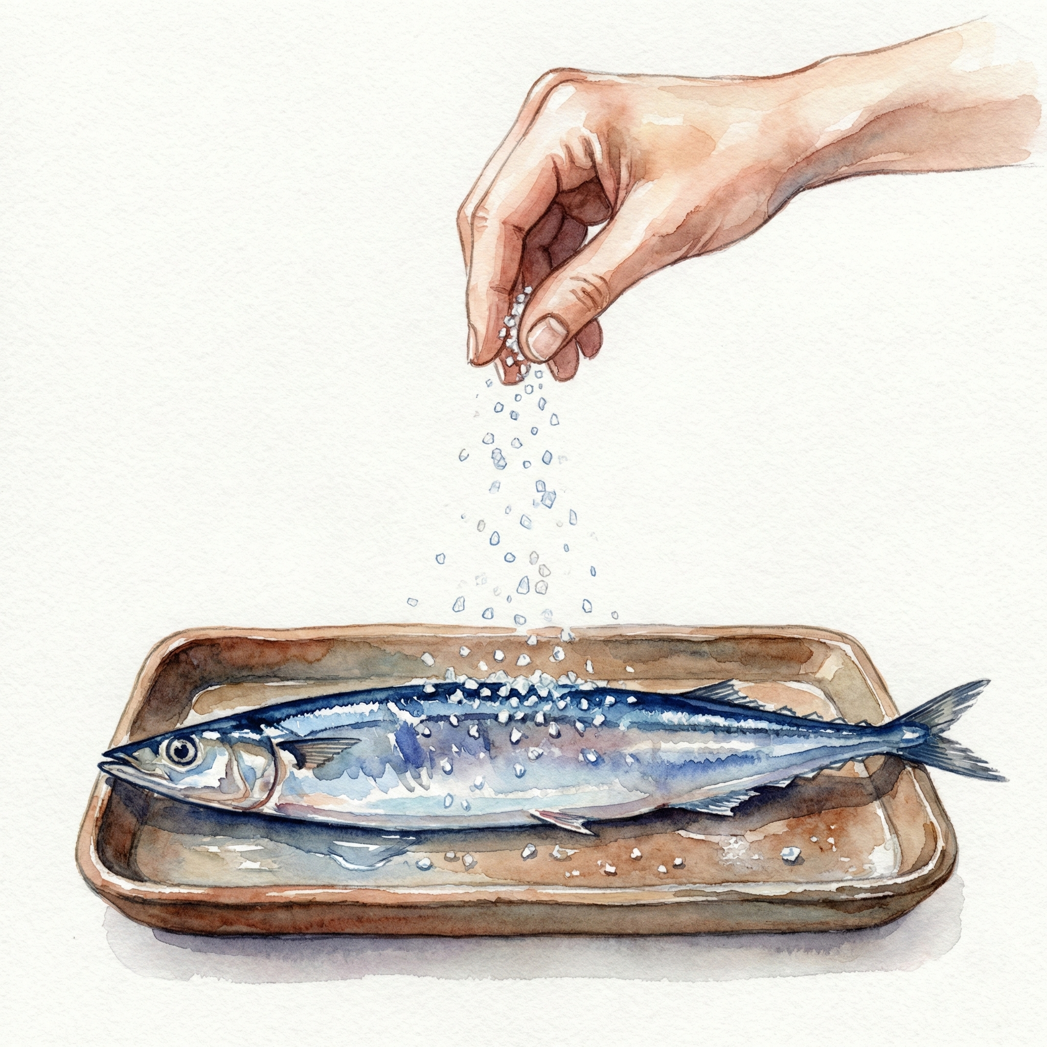 Illustration of salting fish from a height — the shakujio technique