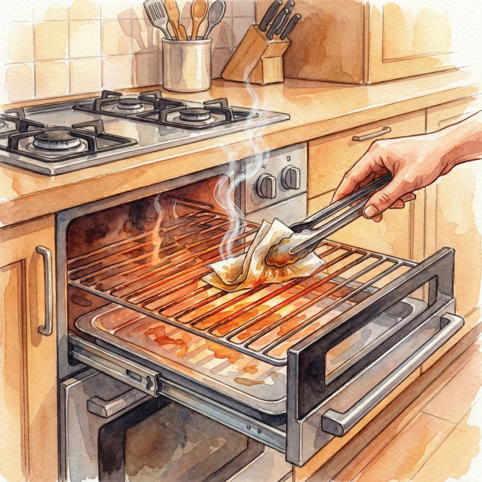 Illustration of applying oil to a preheated grill grate with kitchen paper