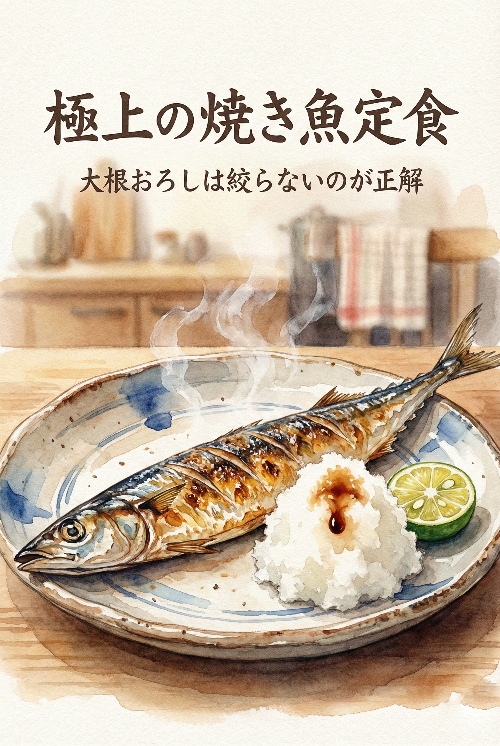 Illustration of a perfect Japanese grilled fish set with fluffy daikon oroshi