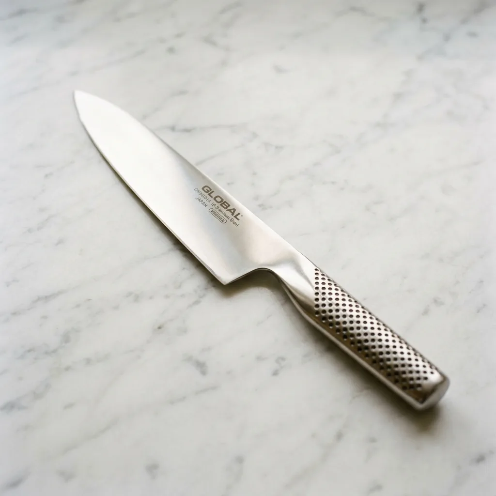 GLOBAL G-2 chef's knife 20cm showing the seamless all-stainless construction and dimpled sand-filled handle