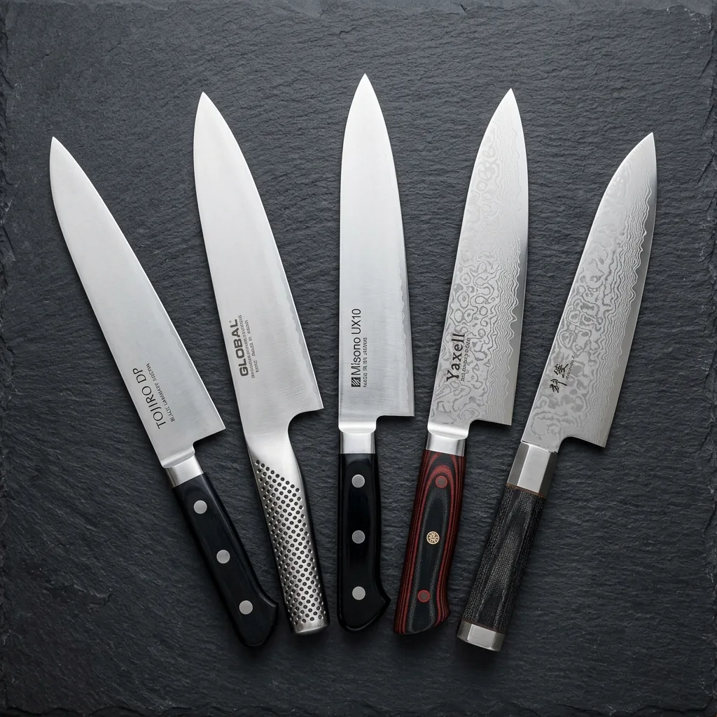 Five Japanese gyuto chef's knives from top brands arranged on a dark surface showing different handle styles and blade finishes