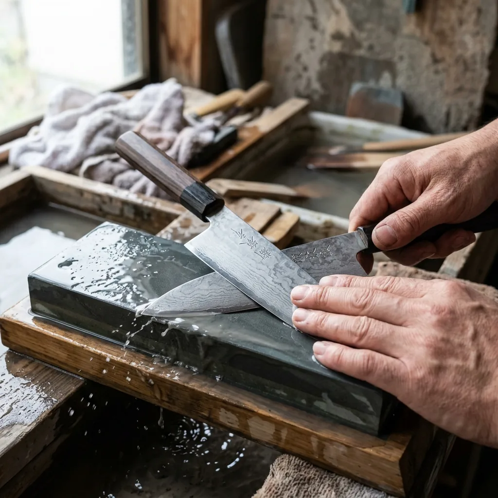 Hands sharpening a Japanese gyuto on a wet whetstone, showing the wrist rotation technique needed to follow the curved belly of the blade