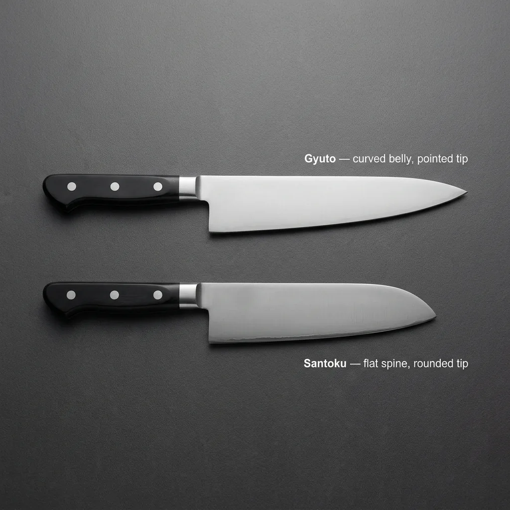 Side-by-side comparison of a Japanese gyuto chef's knife (top) and santoku knife (bottom), showing the gyuto's pointed tip and curved belly versus the santoku's rounded tip and flat spine