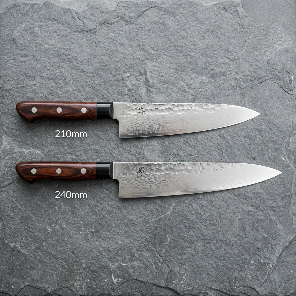 Side-by-side view of a 210mm and 240mm Japanese gyuto chef's knife showing the length difference