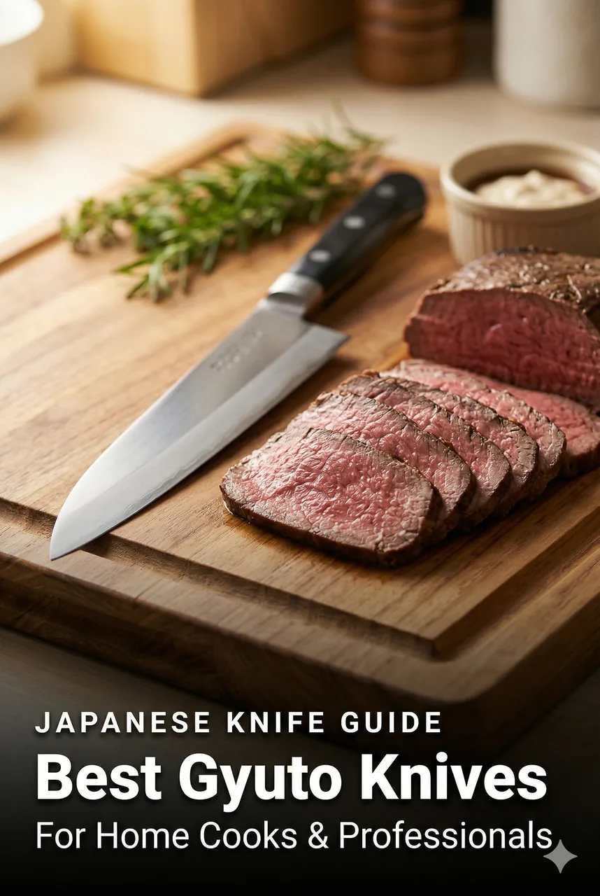 Japanese gyuto chef's knife resting on a wooden cutting board beside a freshly carved roast, showing the knife's length and clean slice capability