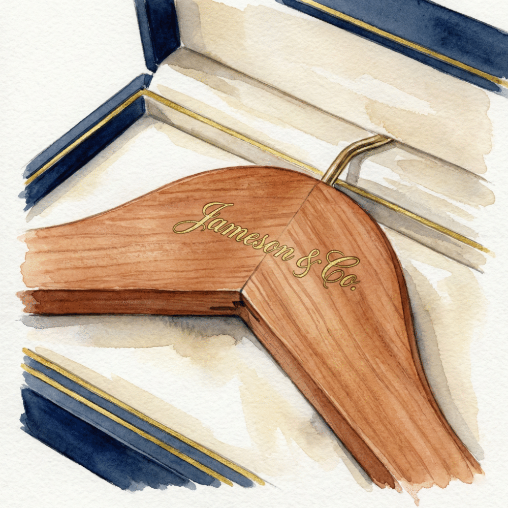Illustration of a premium wooden hanger with a name laser-engraved into the wood, presented in a gift box