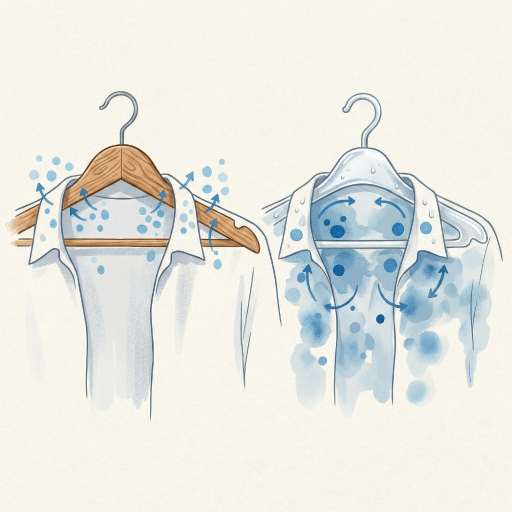 Illustration comparing a wooden hanger absorbing garment moisture versus a plastic hanger trapping it