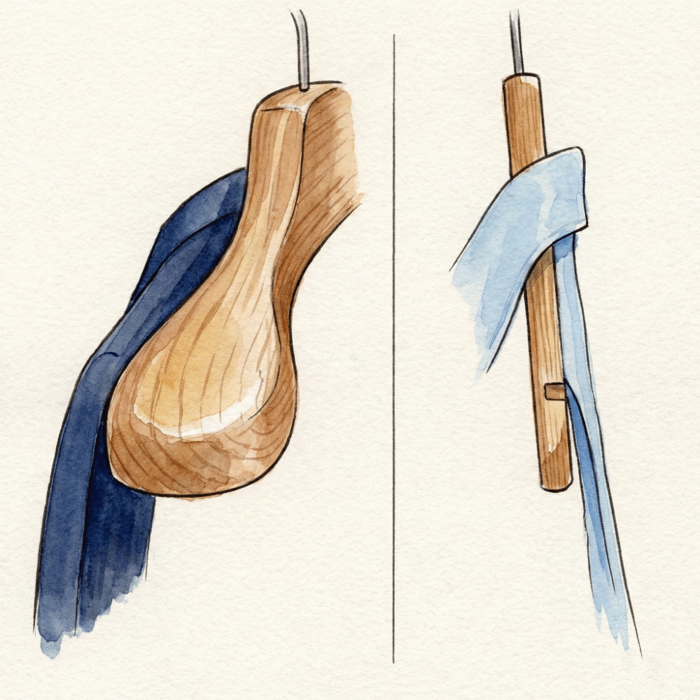 Cross-section comparison of a thick suit hanger versus a thin shirt hanger, showing how shoulder support differs