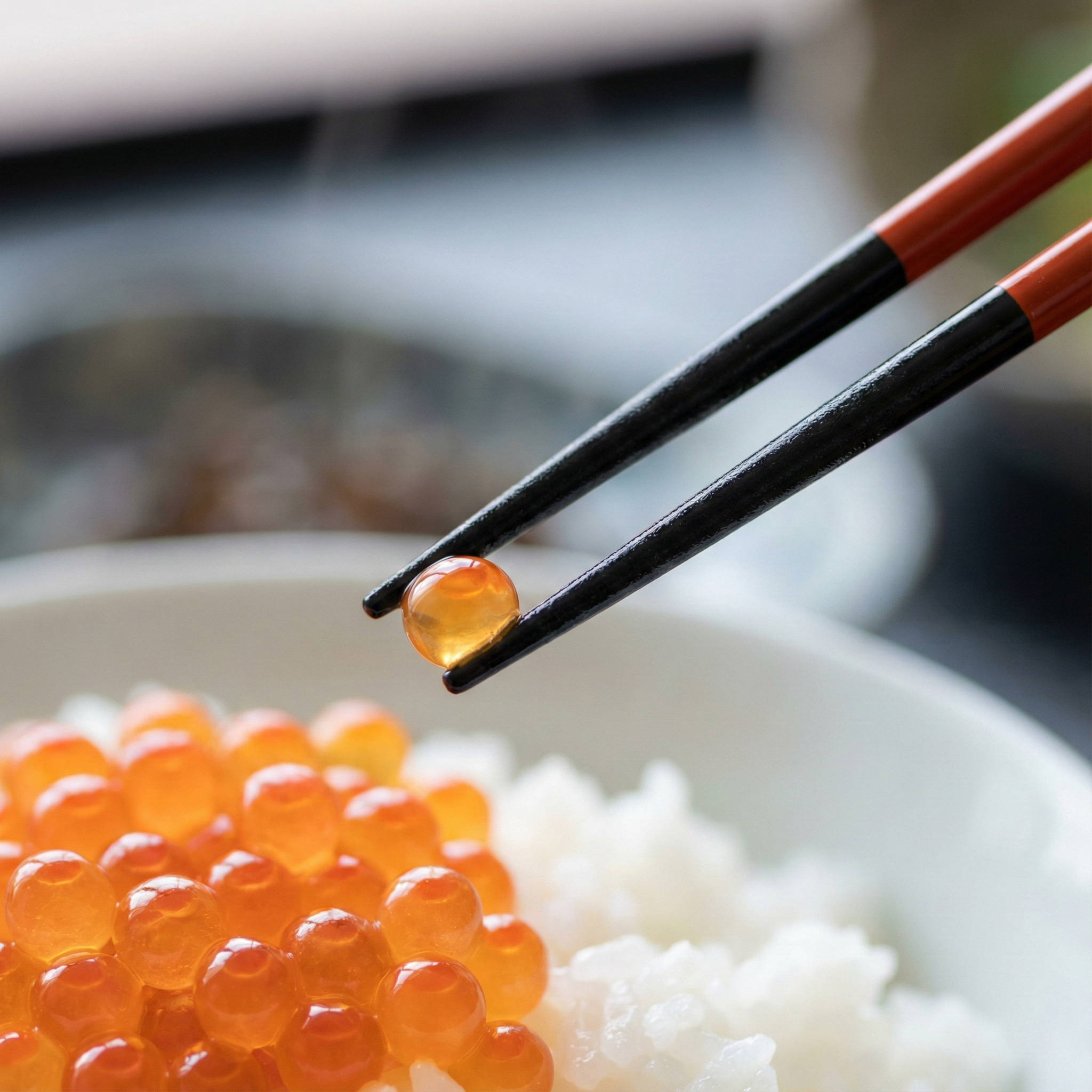 Fine-tipped Japanese chopsticks picking up a single piece of salmon roe