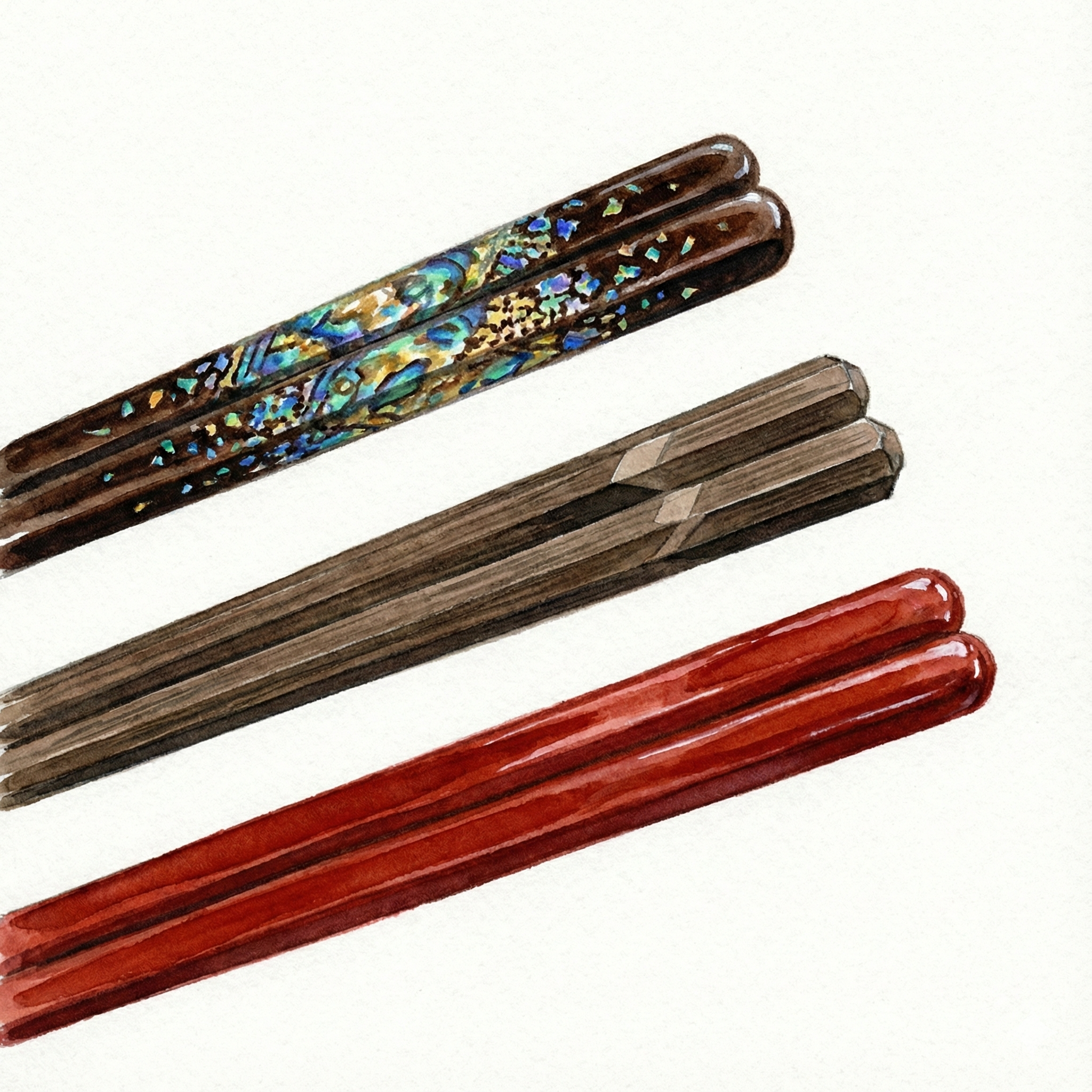 Comparison illustration of Wakasa-nuri, Edo wood, and Wajima-nuri chopsticks
