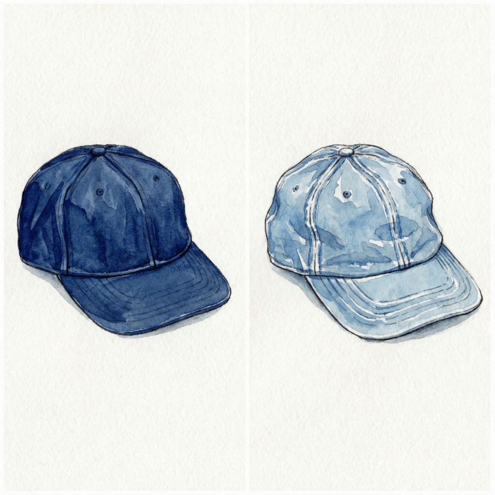 Side-by-side comparison of a new deep-indigo denim cap (left) and the same cap after years of wear, showing beautiful faded patina (right)