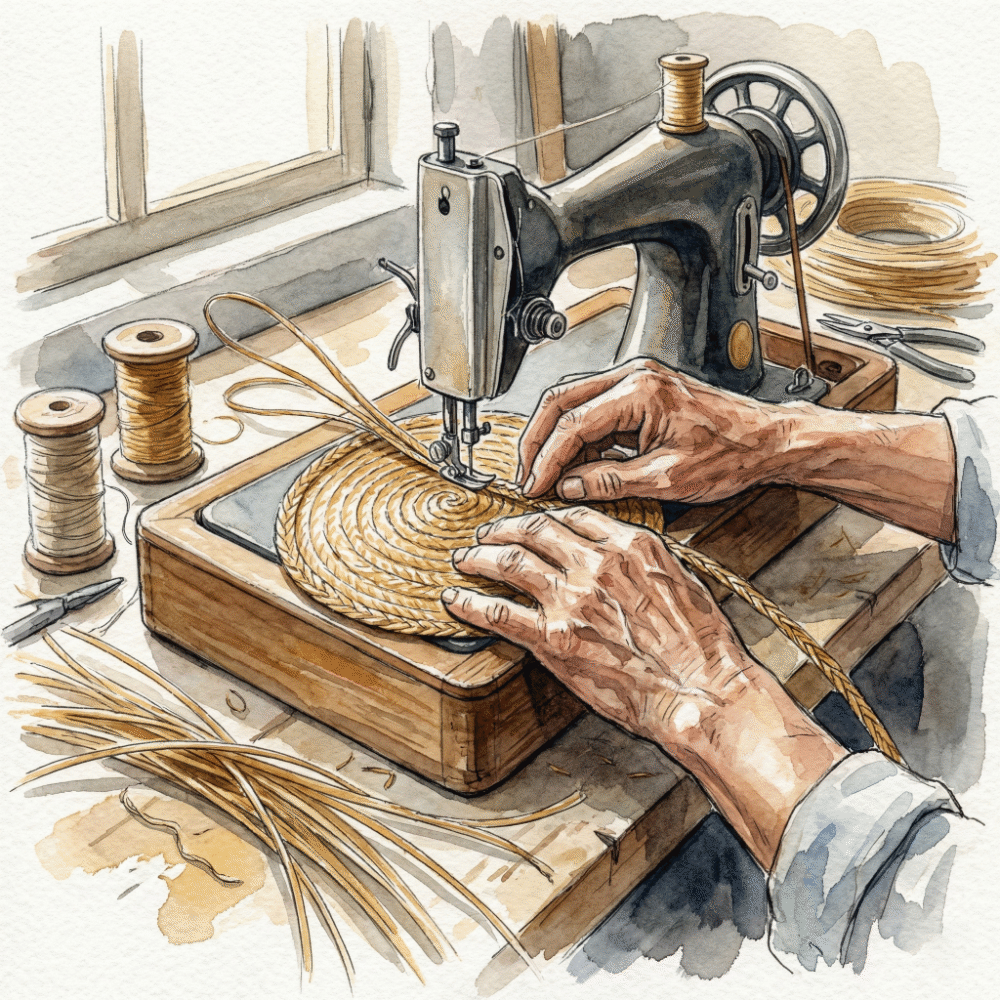 Close-up of artisan hands guiding a sewing machine to spiral-stitch flat straw braid into a hat shape