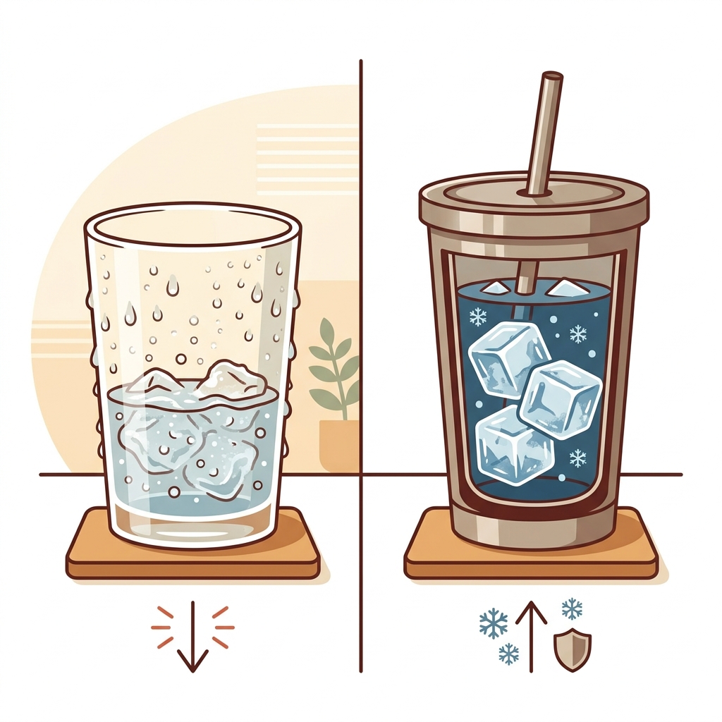 Standard glass: condensation, ice melted in 20 minutes. Vacuum tumbler: no condensation, ice intact after hours.