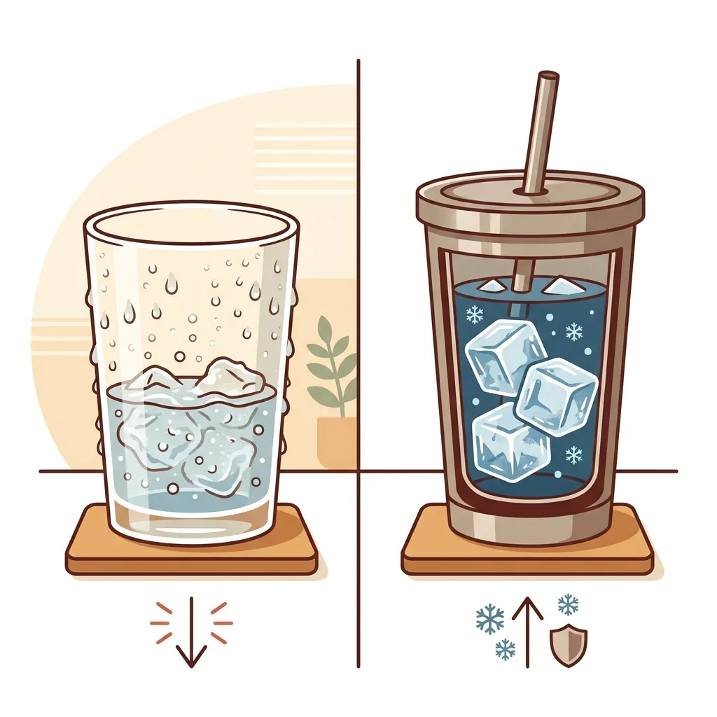 Standard glass: condensation, ice melted in 20 minutes. Vacuum tumbler: no condensation, ice intact after hours.