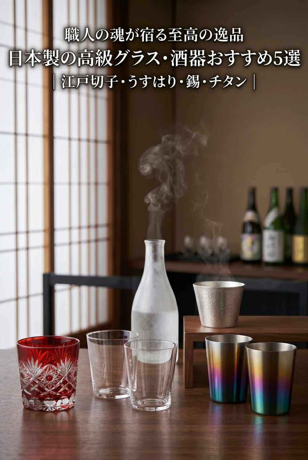Japanese premium drinkware — Nousaku tin sake cup, SUSgallery titanium tumbler, Edo Kiriko glass