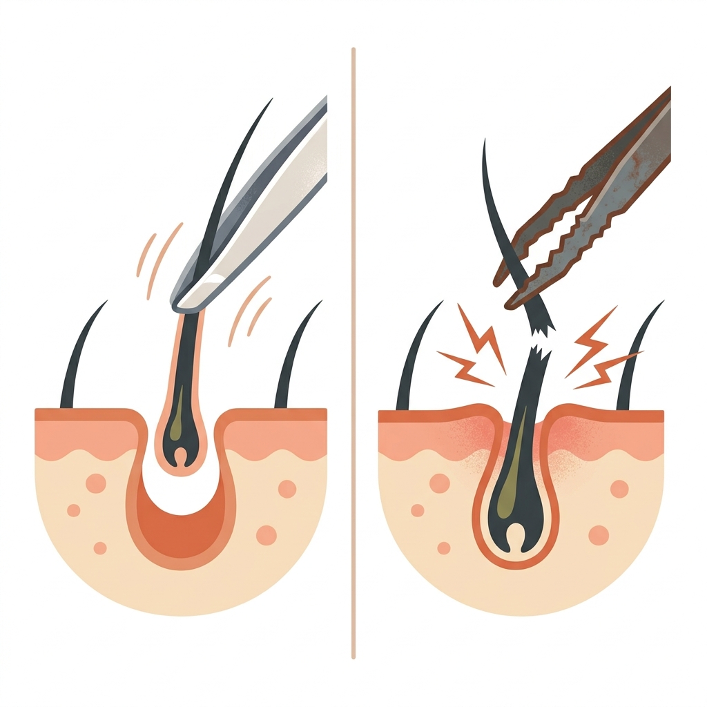 Left: Precision tip grips full shaft, hair pulls cleanly from root. Right: Gapped tip cuts mid-shaft, painful and causes ingrown hairs.