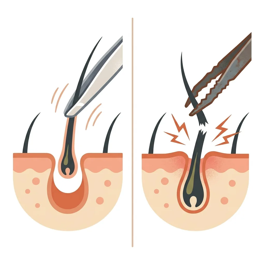 Left: Precision tip grips full shaft, hair pulls cleanly from root. Right: Gapped tip cuts mid-shaft, painful and causes ingrown hairs.