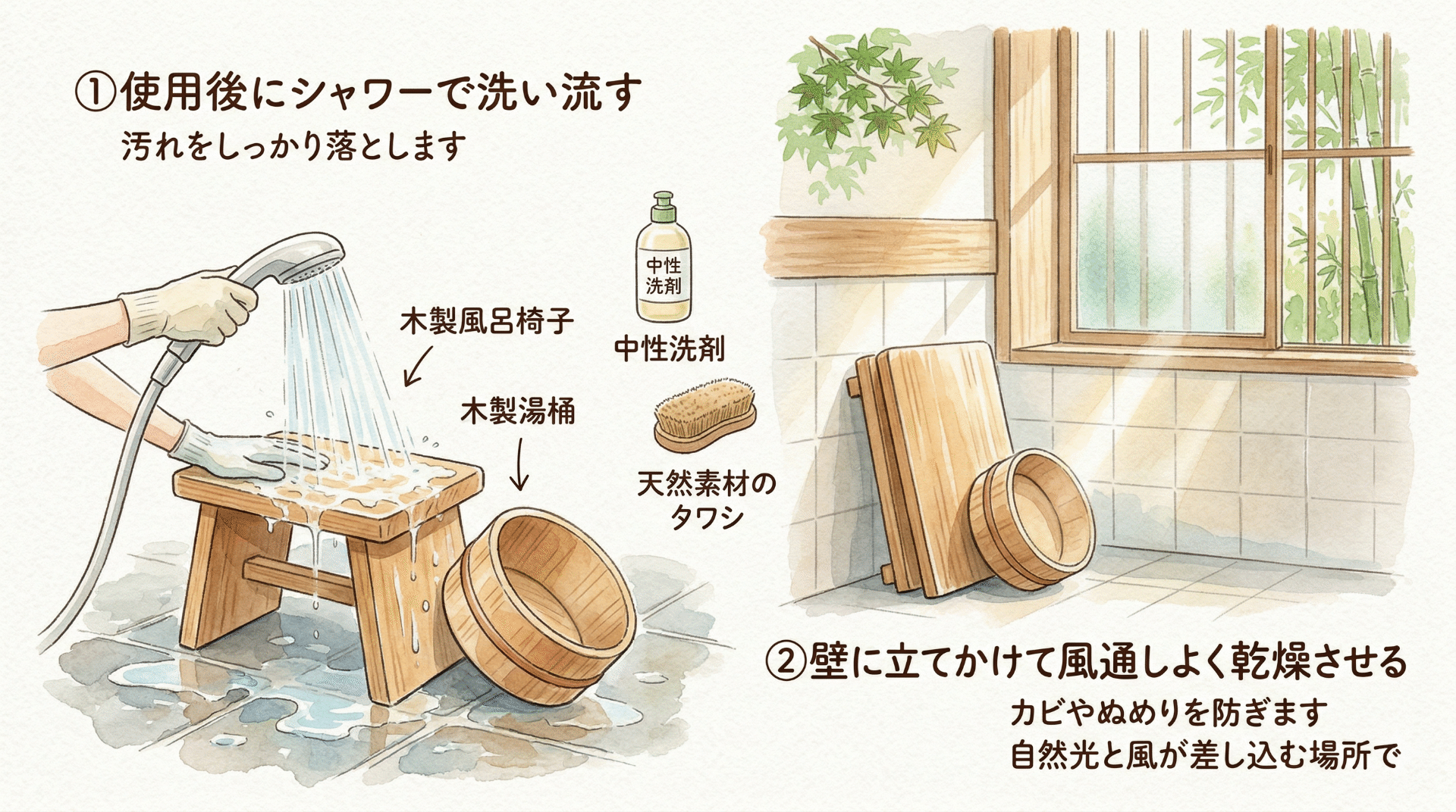 Care routine: rinse, stand to dry, monthly sun exposure, scrub with natural brush