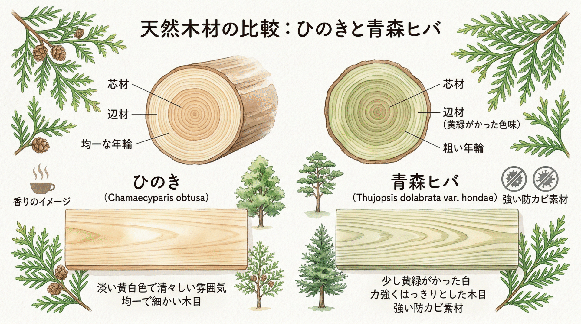 Side-by-side comparison of hinoki and Aomori hiba wood grain and colour