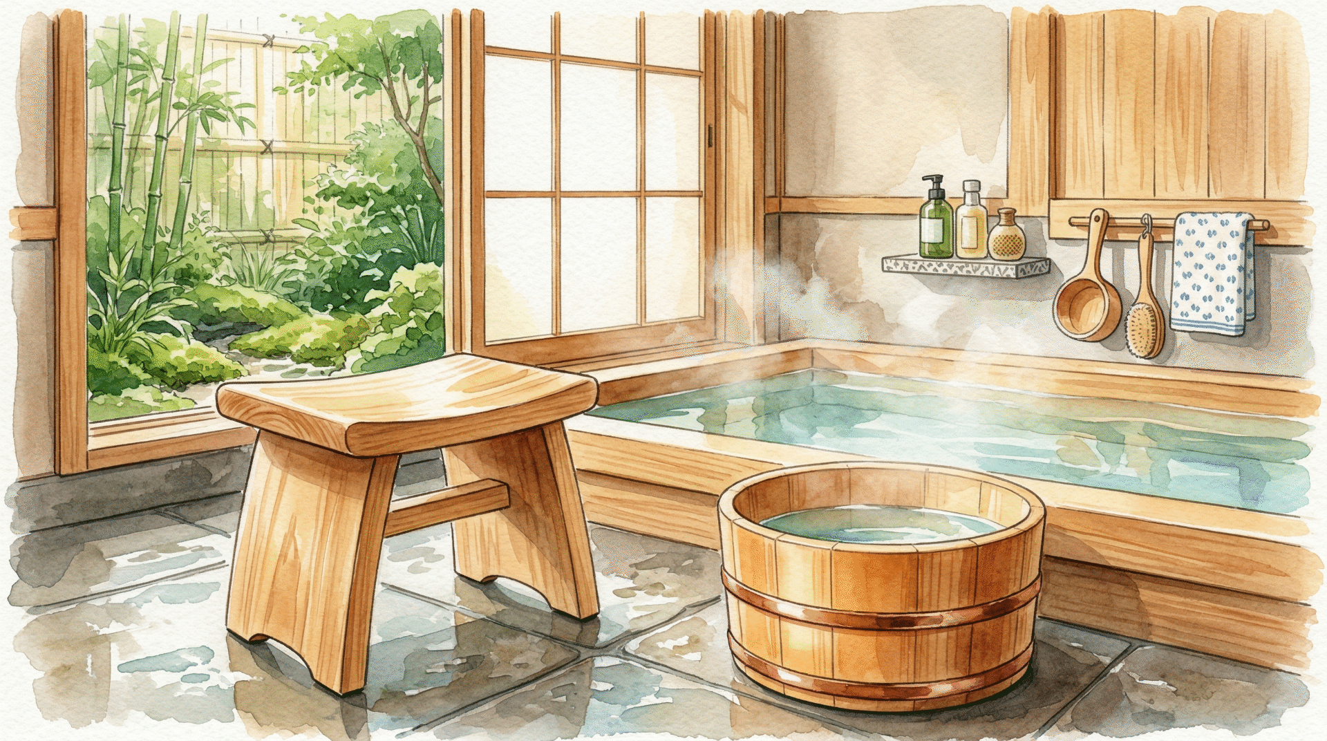 Hinoki bath stool and wooden bucket in a clean Japanese-style bathroom
