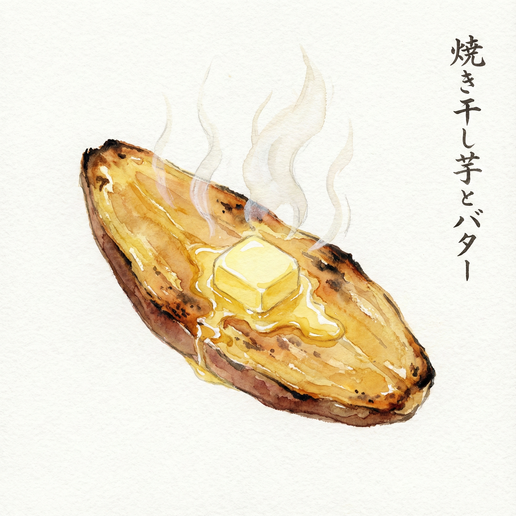 Illustration of toasted hoshiimo with a pat of melting salted butter on top