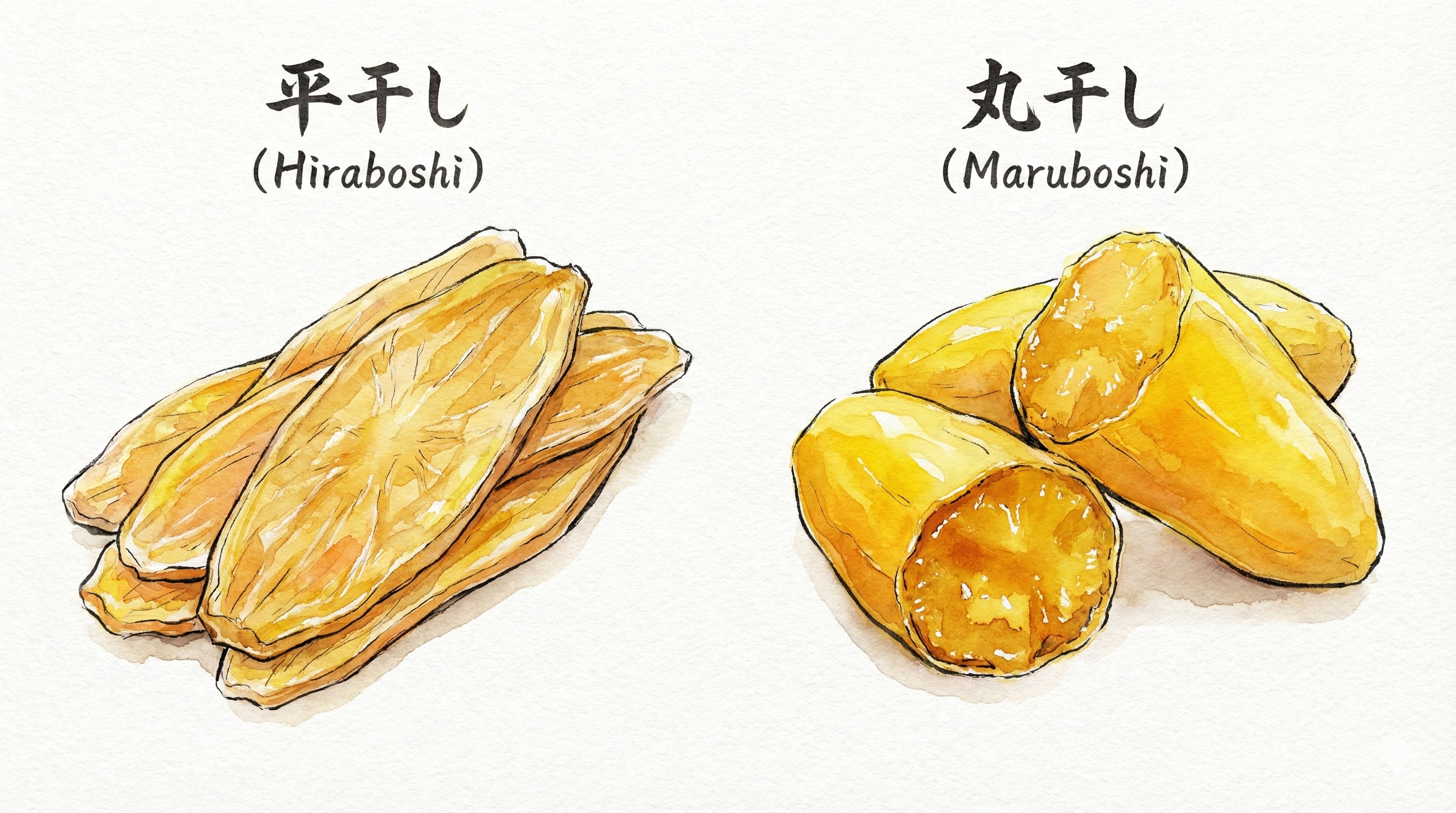 Illustration comparing flat hiraboshi and whole maruboshi hoshiimo cross-sections