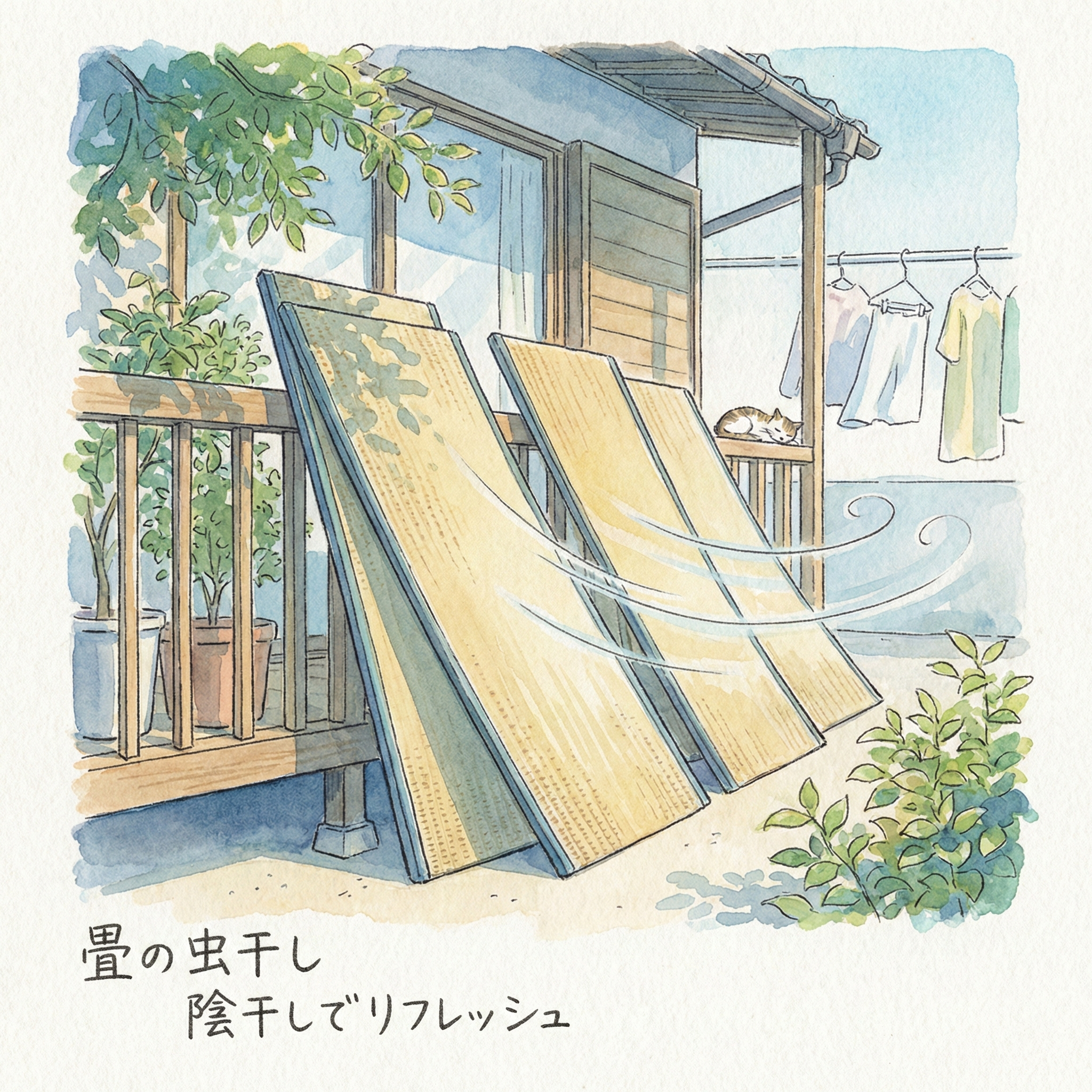 Illustration of oki-datami mats propped up in a shaded, ventilated area to release moisture