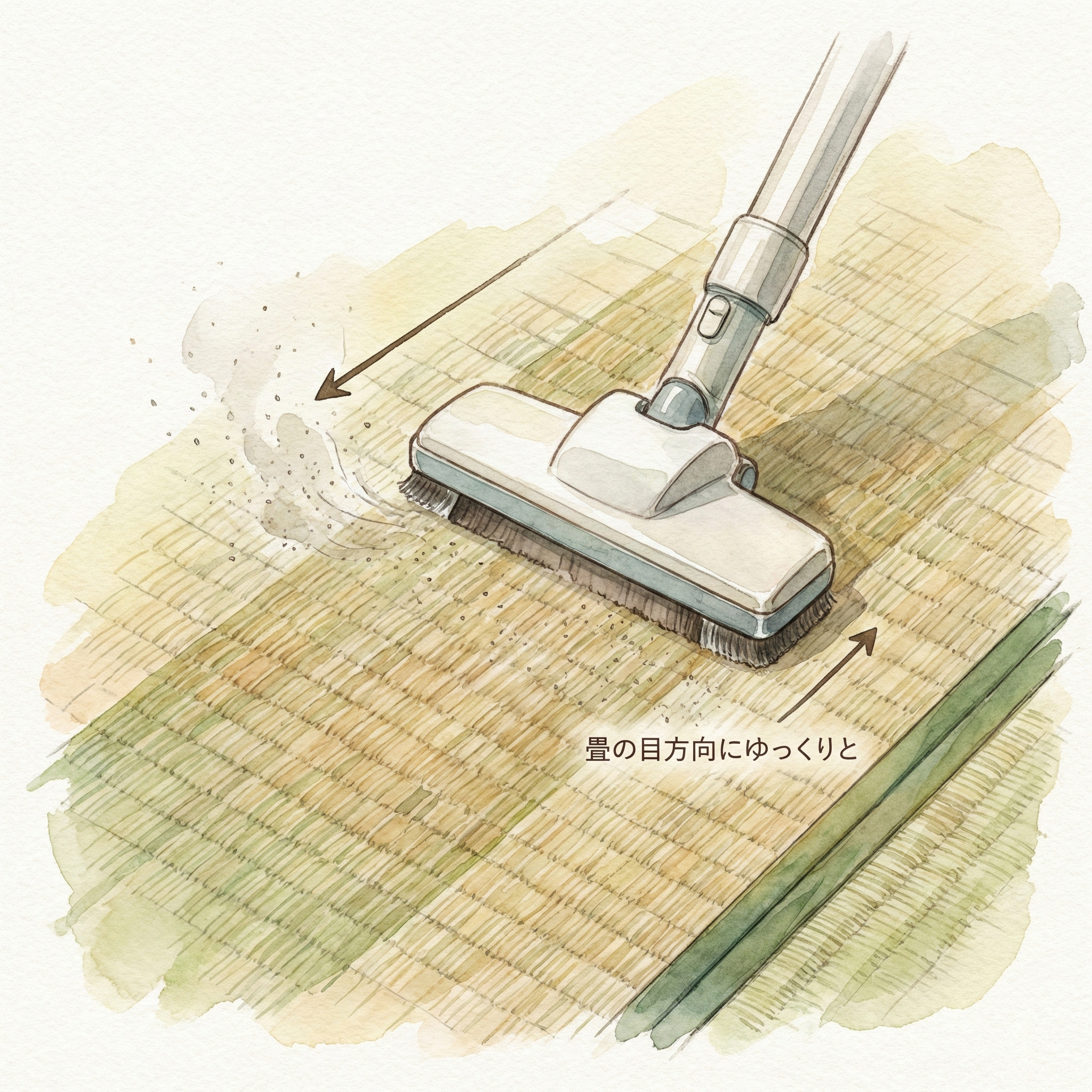 Illustration of a vacuum being drawn slowly along the weave direction of an igusa mat