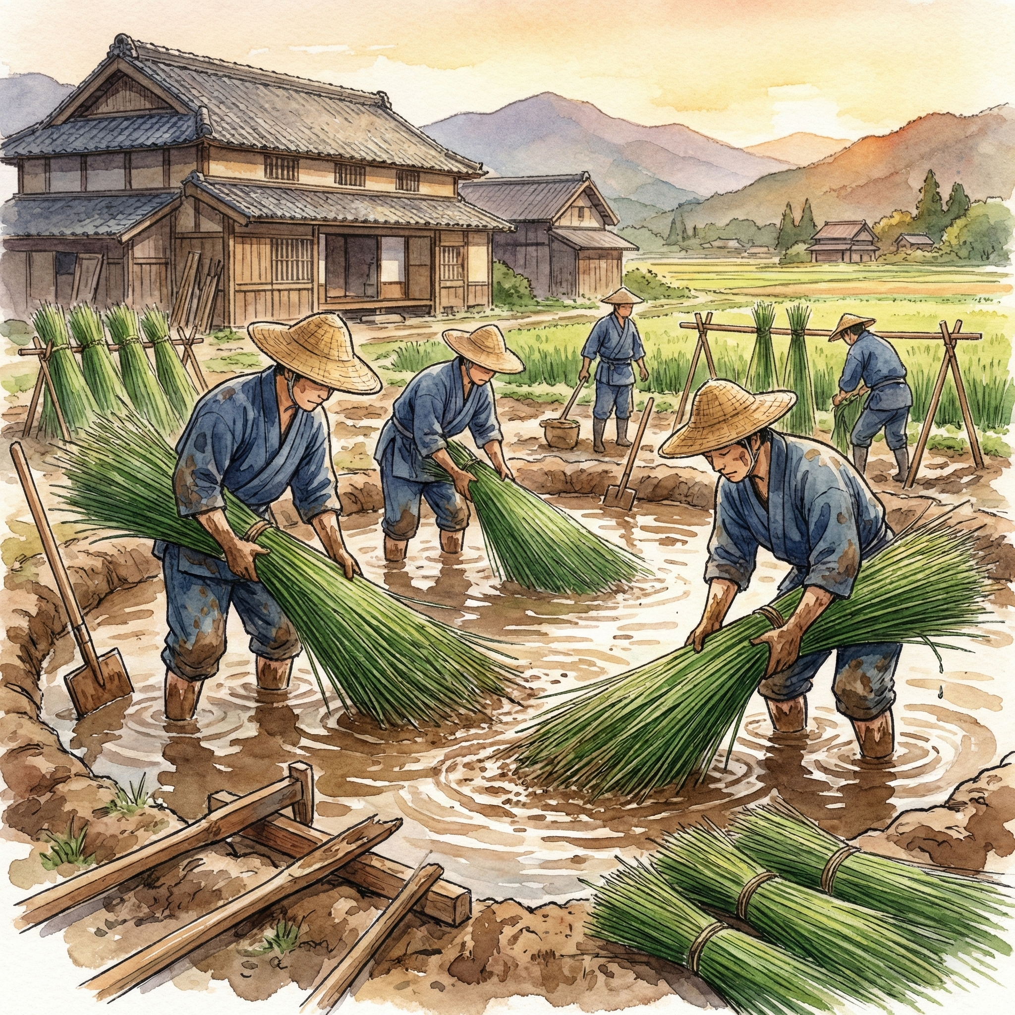 Illustration of freshly harvested igusa stalks being submerged in clay mud during the traditional dorozome process