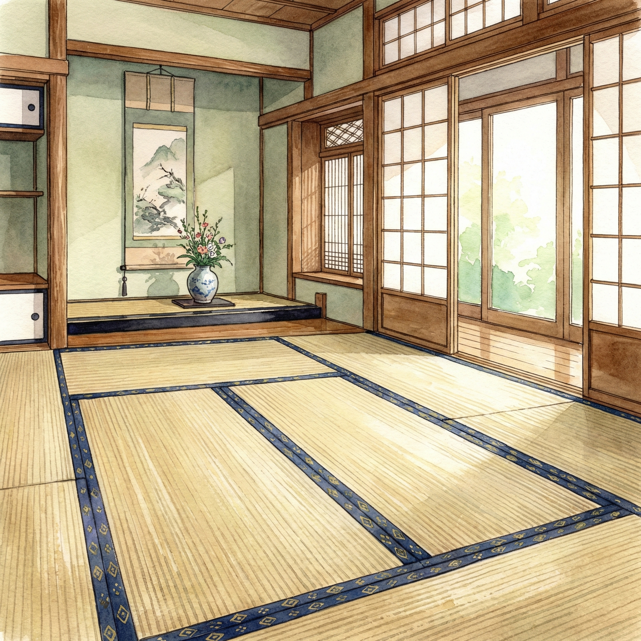 Illustration of traditional bordered tatami with fabric edge trim in a classic Japanese room