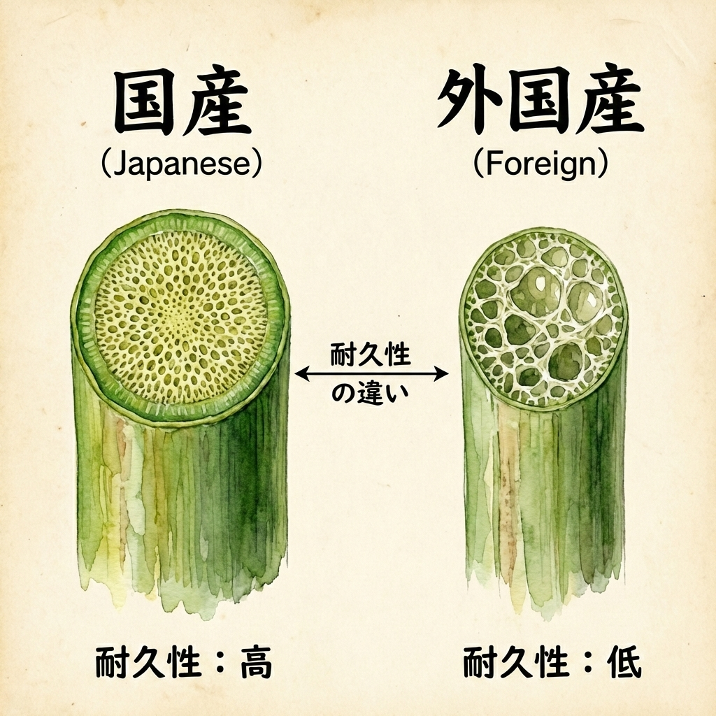 Side-by-side cross-section comparison of thick domestic igusa and thinner imported igusa