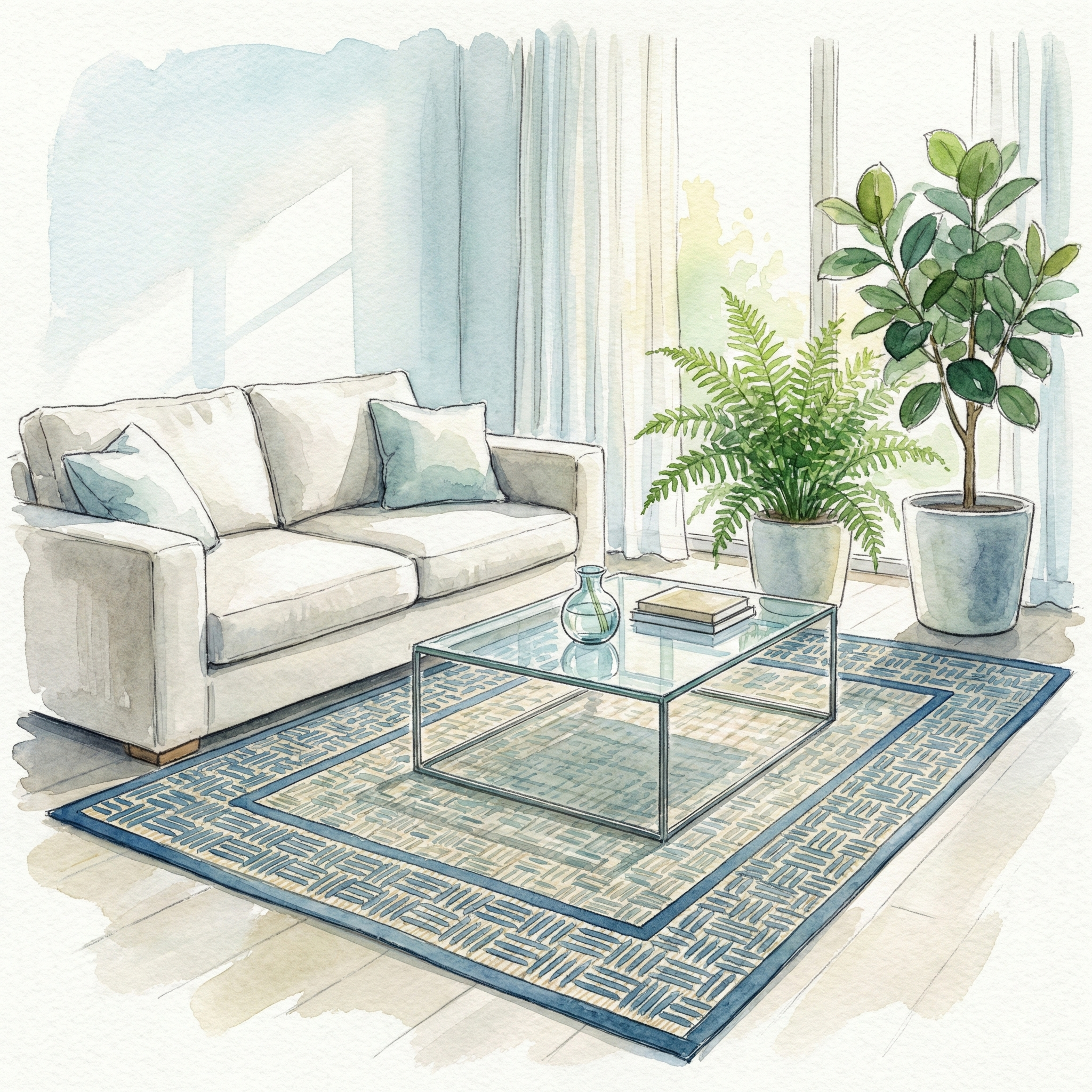 Illustration of a thin flat-woven igusa rug in a modern living room setting