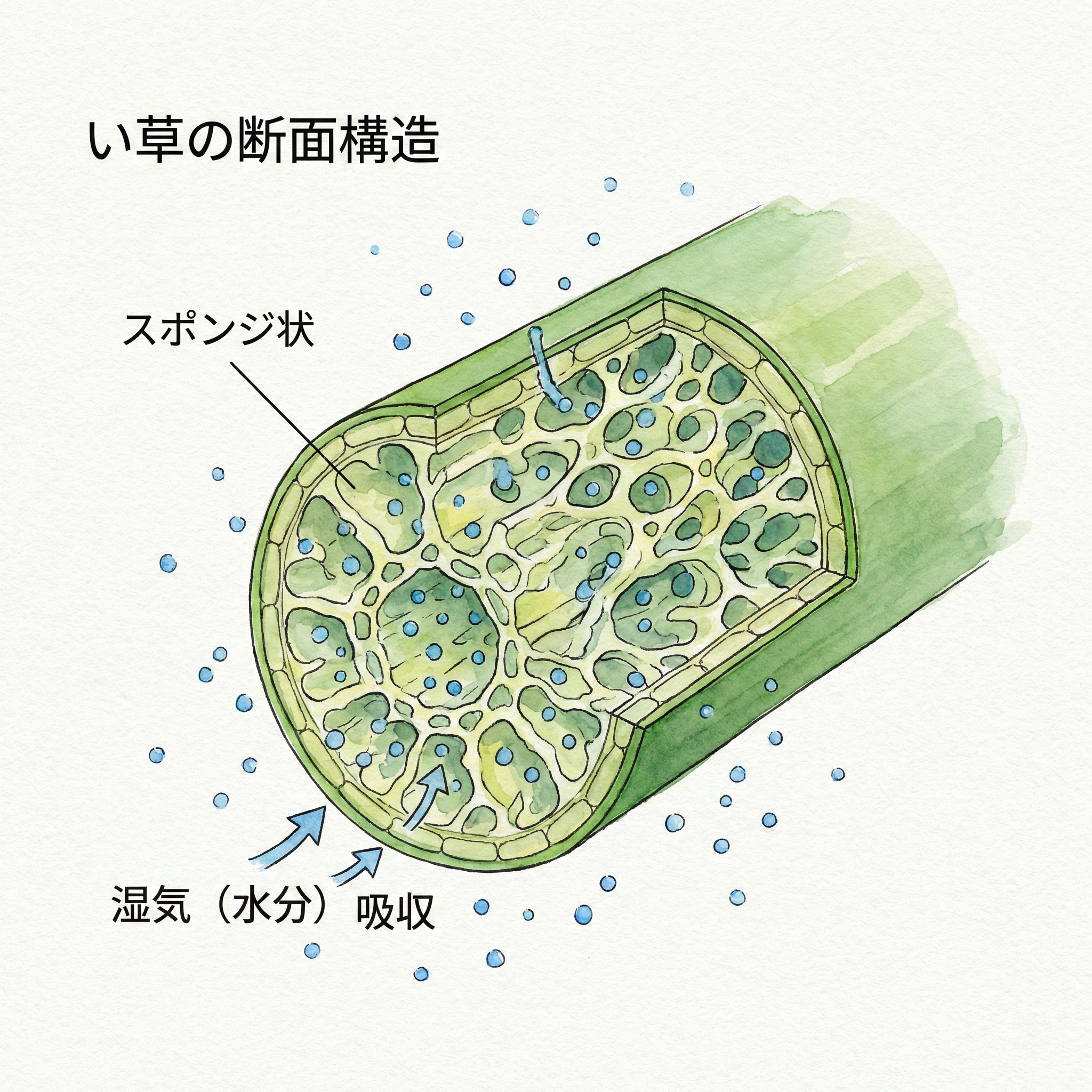 Cross-section diagram of an igusa stalk showing its sponge-like interior absorbing moisture