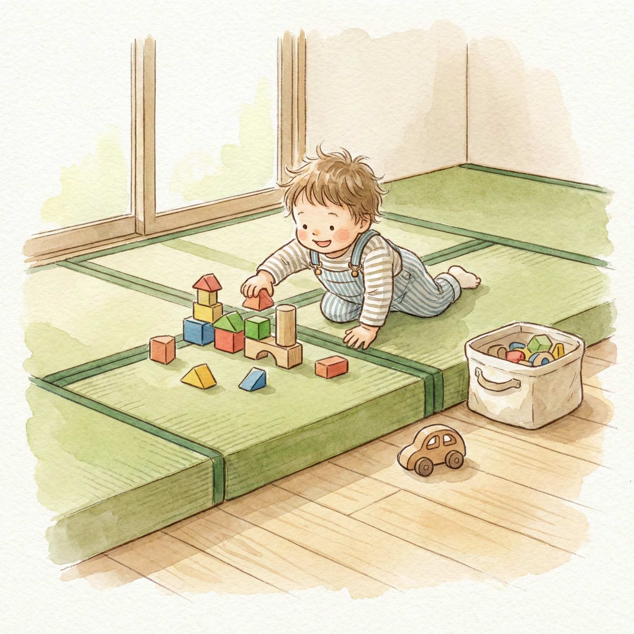 Illustration of thick oki-datami mats on a hardwood floor with a child playing on them